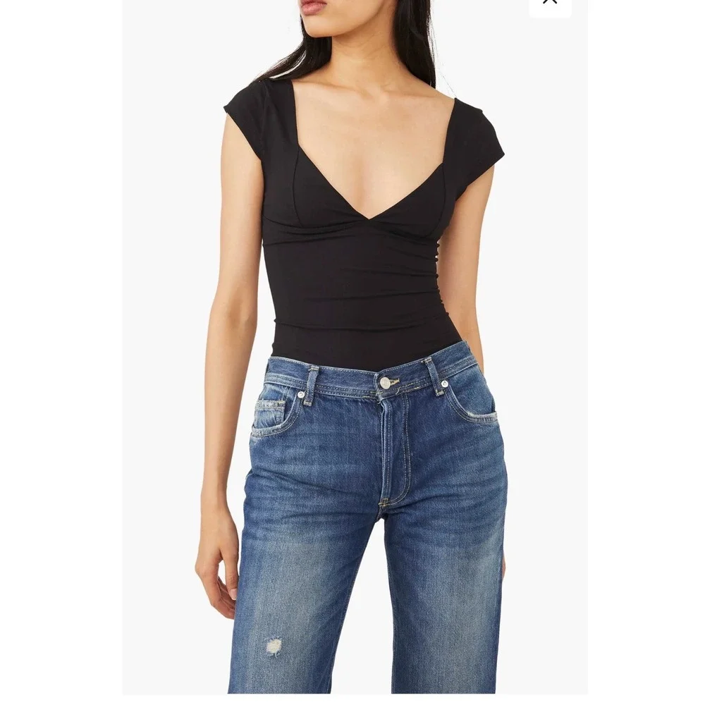 Intimately Free People Black Cap Sleeve Deep V-Neck Top OB1524278 Small